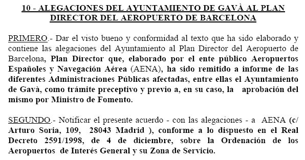 Extracte de l'acta de la Comissió de Govern Local de l'Ajuntament de Gavà de l'11 de març de 1999 on s'aproven les al·legacions de l'Ajuntament de Gavà al Pla Director de l'aeroport de Barcelona